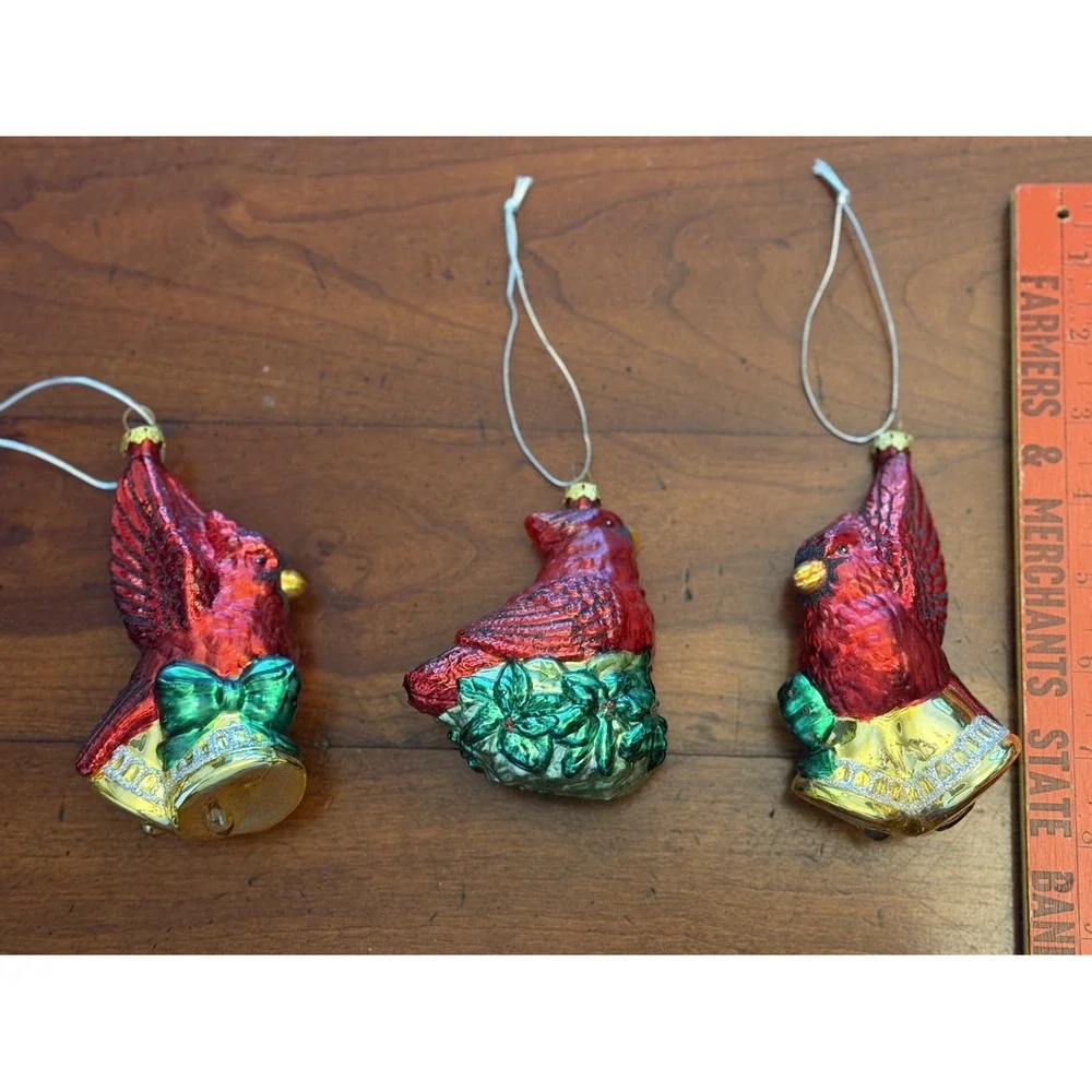 Lot of 3 Vintage Blown Glass Cardinal Christmas Ornaments Love Hope Joy Bells